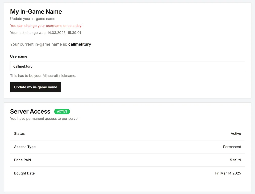 Dashboard – in-game name and server access