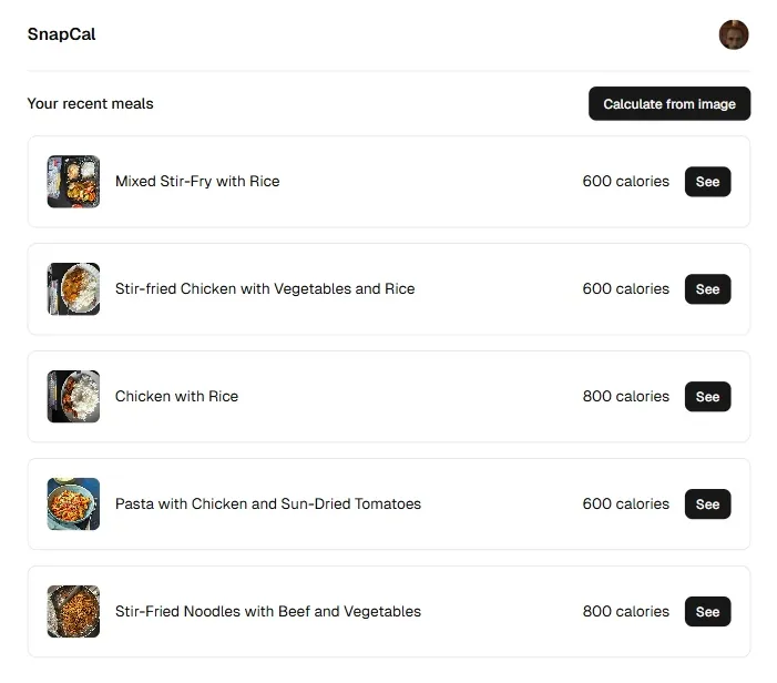 Dashboard with recent meals